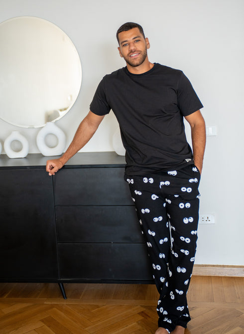 Men summer pajama set Black T-shirt + Eyes Pants